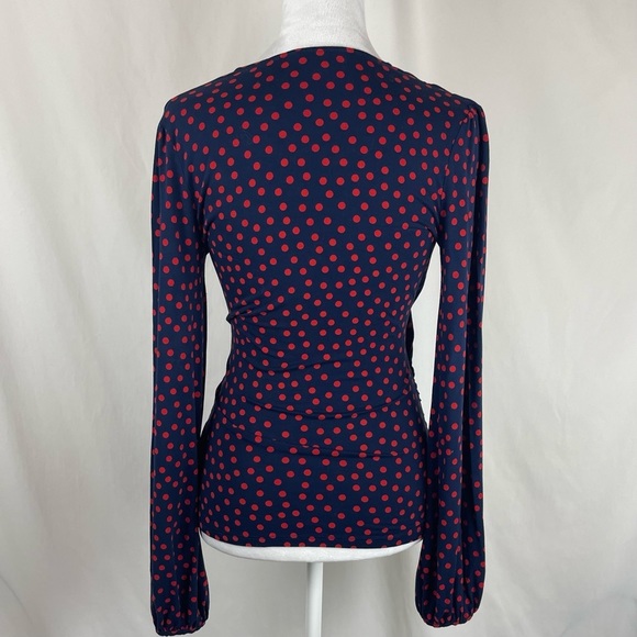 Boden Navy And Red Polka Dot Faux Wrap Ruched Top NWOT - Picture 4 of 11
